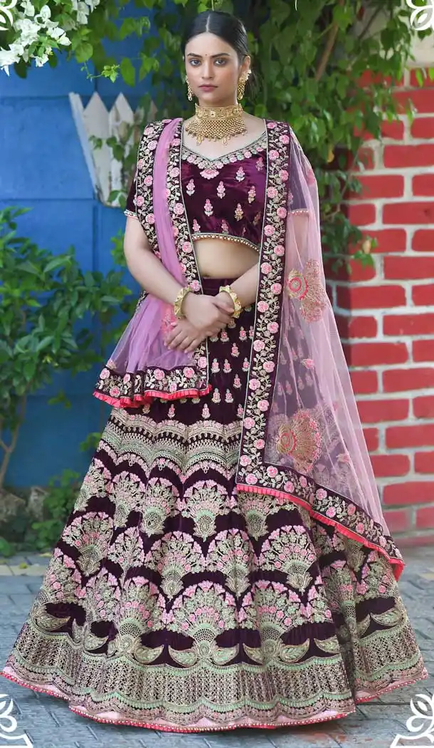 Wine Color Velvet Heavy Designer Bridal Wedding Wear Lehenga Choli -664123314