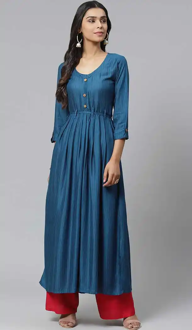 Teal Blue Color Rayon Designer Party Wear Readymade Aanarkali Kurti -665123318