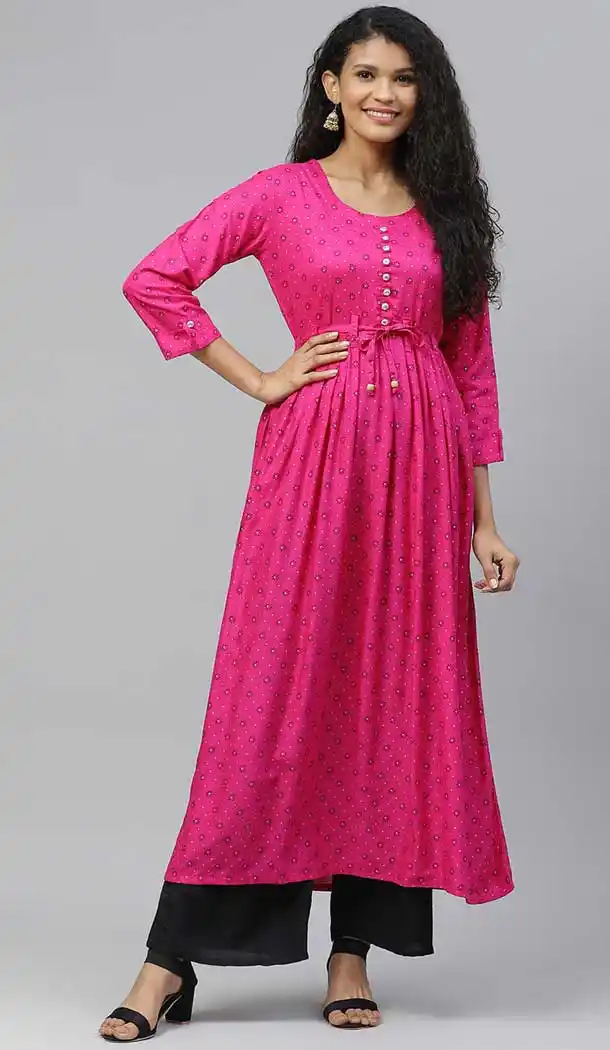 Stunning Pink Color Rayon Designer Party Wear Readymade Aanarkali Kurti -665123320