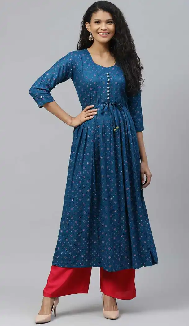 Teal Blue Color Rayon Designer Party Wear Readymade Aanarkali Kurti -665123321