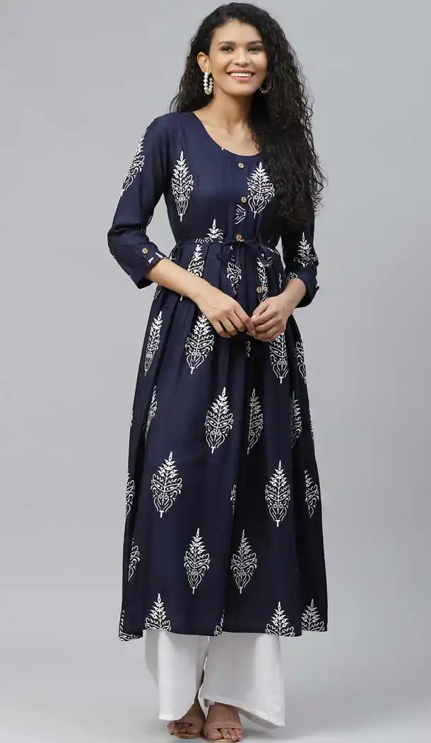 Navy Blue Color Rayon Designer Party Wear Readymade Aanarkali Kurti -665123322