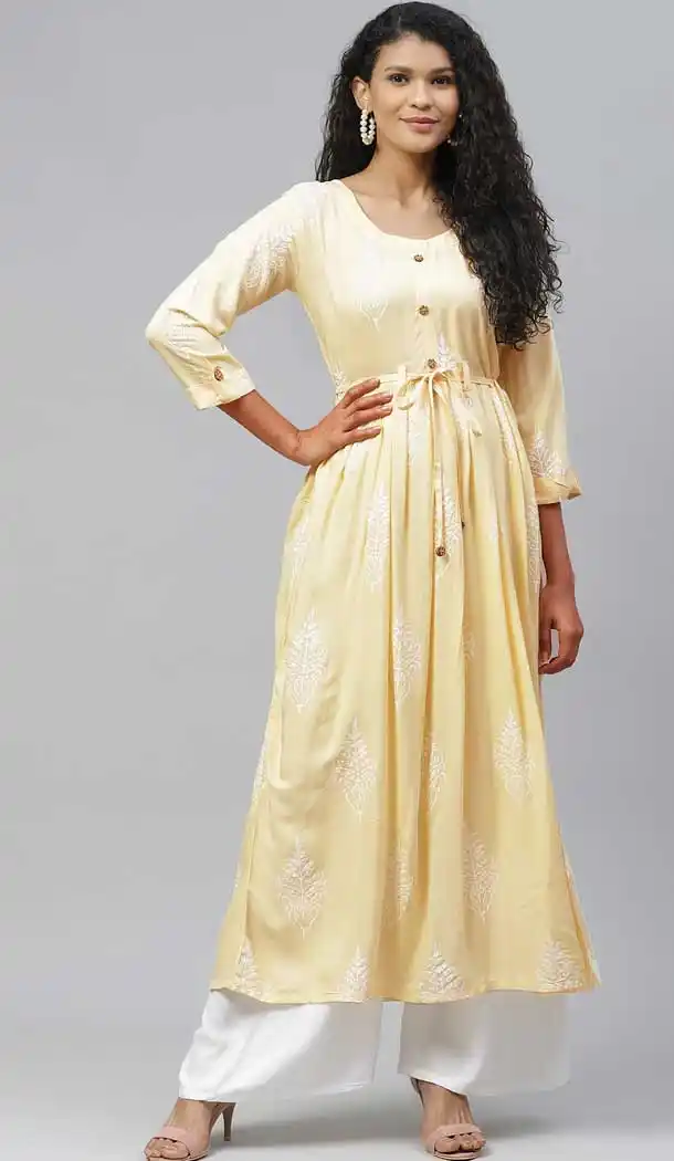 Light Yellow Color Rayon Designer Party Wear Readymade Aanarkali Kurti -665123324