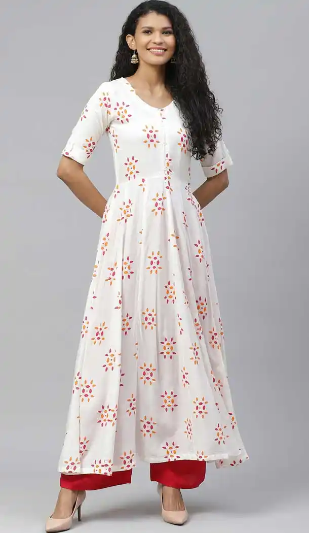 White Color Rayon Designer Party Wear Readymade Aanarkali Kurti -665123327