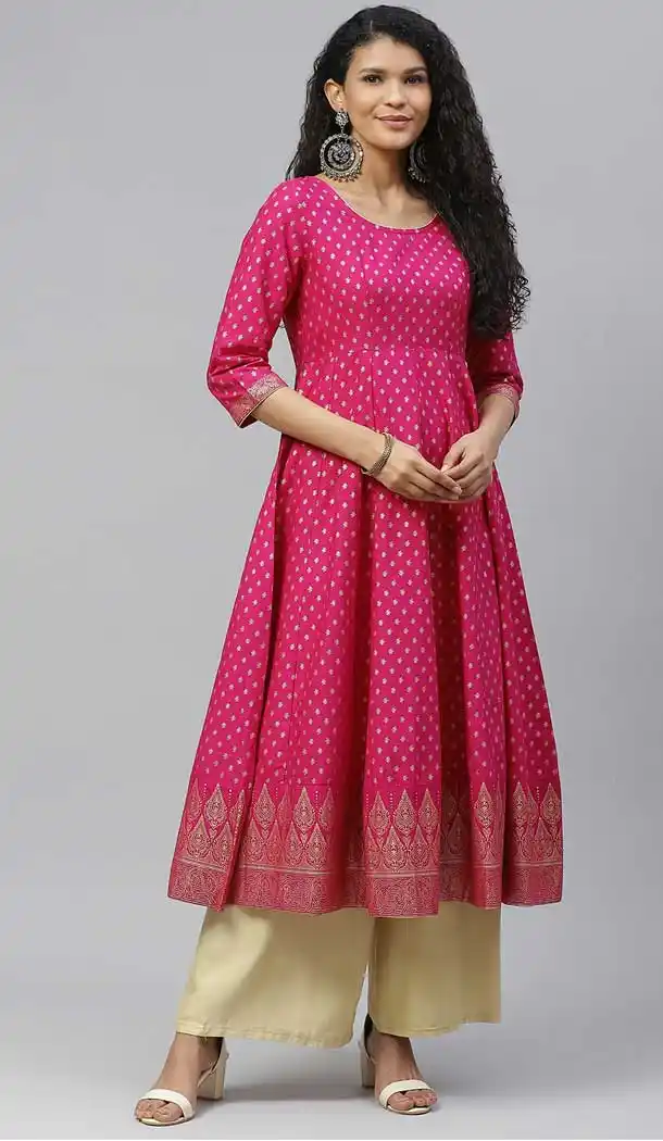 Dark Pink Color Cotton Designer Party Wear Readymade Aanarkali Kurti -665123328