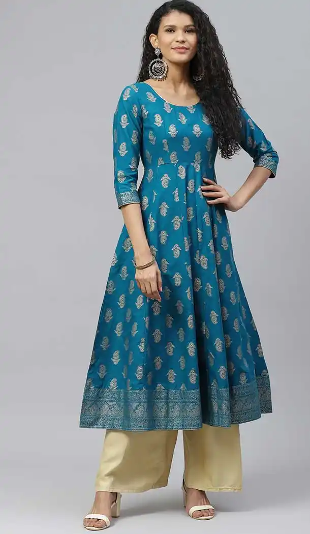 Turquoise Color Cotton Designer Party Wear Readymade Aanarkali Kurti -665123330