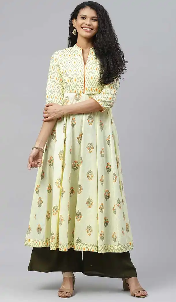 Light Yellow Color Cotton Designer Party Wear Readymade Aanarkali Kurti -665123335