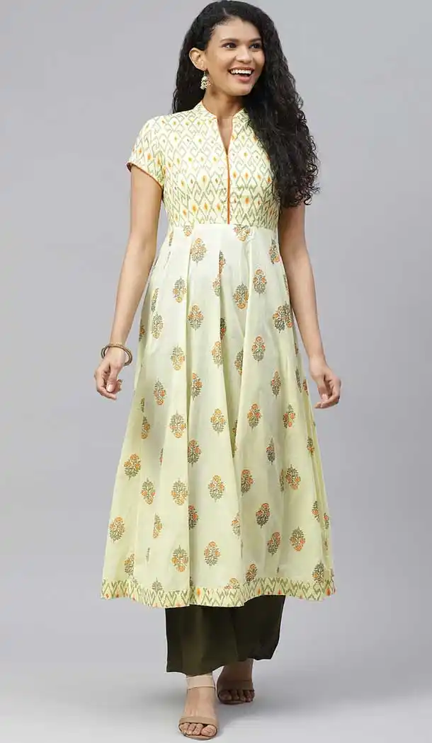 Ethnic Light Yellow Color Cotton Designer Party Wear Readymade Aanarkali Kurti -665123336