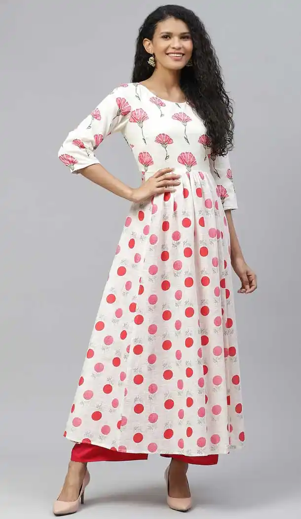 Off White Color Cotton Designer Party Wear Readymade Aanarkali Kurti -665123337
