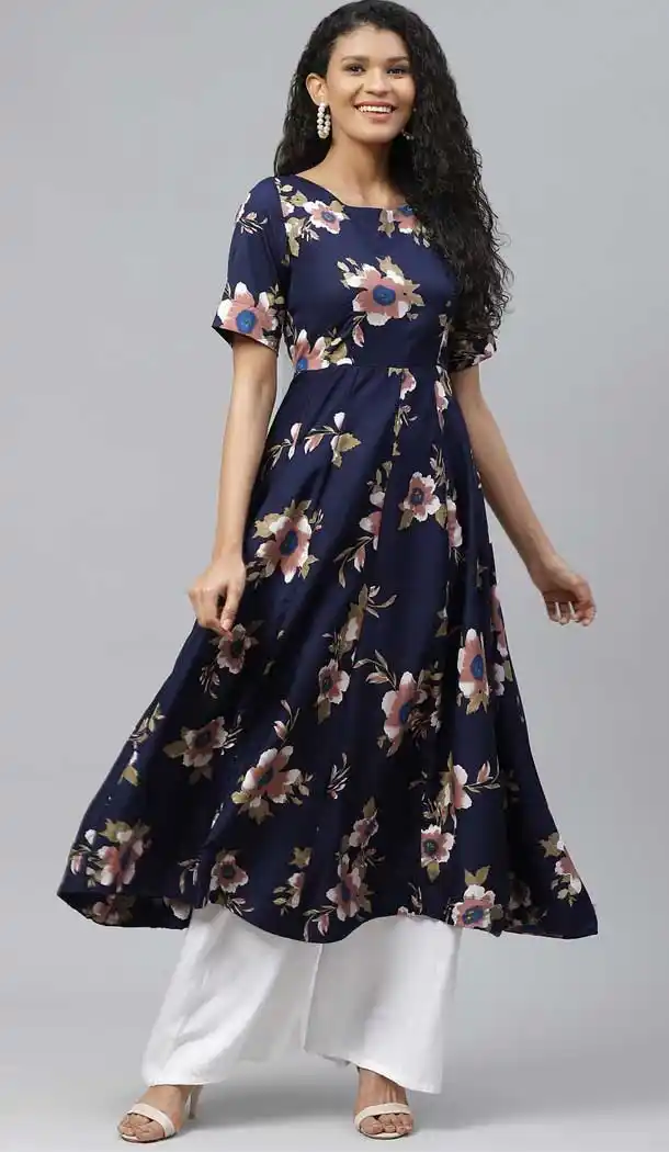 Navy Blue Color Crepe Designer Party Wear Readymade Aanarkali Kurti -665123339