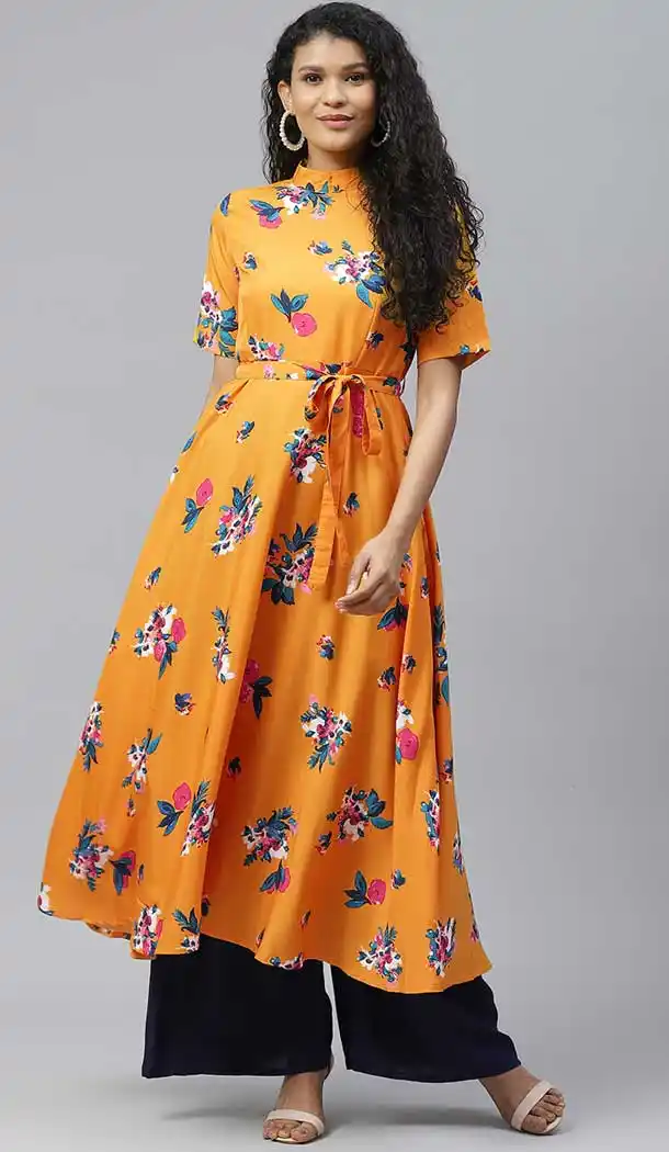 Dark Yellow Color Poly Crepe Designer Party Wear Readymade Aanarkali Kurti -665123342