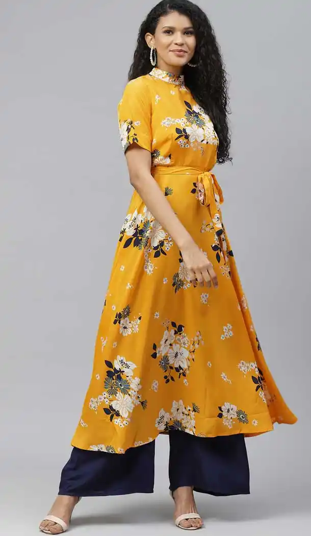 Light Yellow Color Poly Crepe Designer Party Wear Readymade Aanarkali Kurti -665123344