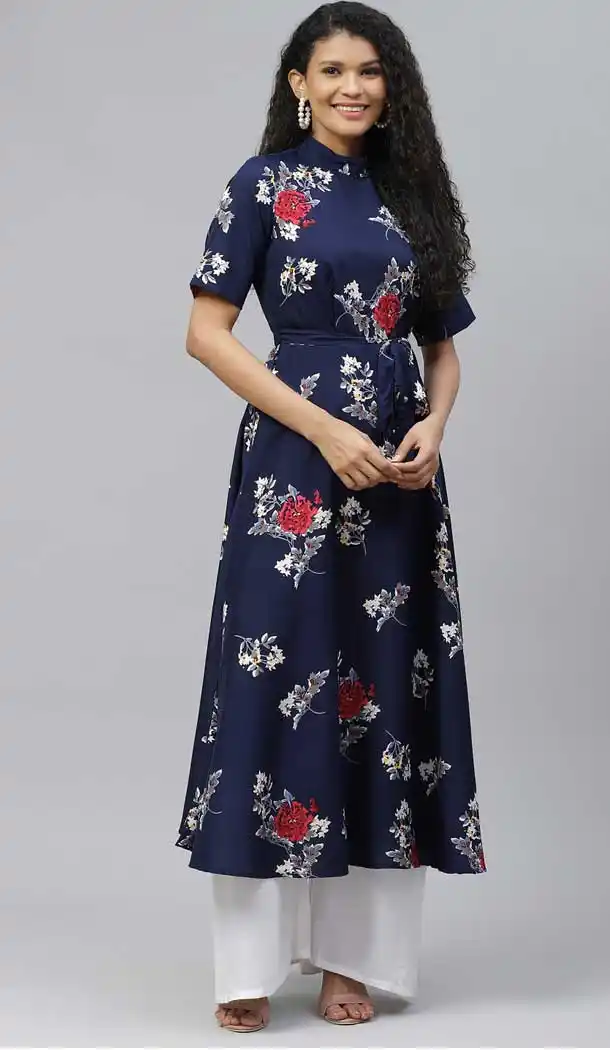 Blue Color Poly Crepe Designer Party Wear Readymade Aanarkali Kurti -665123345