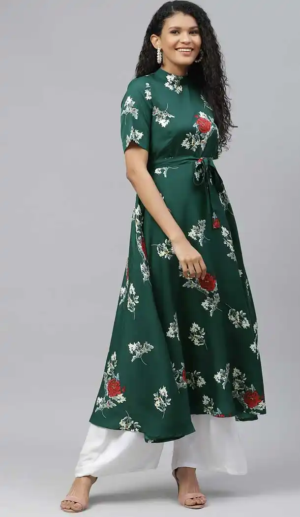 Dark Green Color Poly Crepe Designer Party Wear Readymade Aanarkali Kurti -665123346