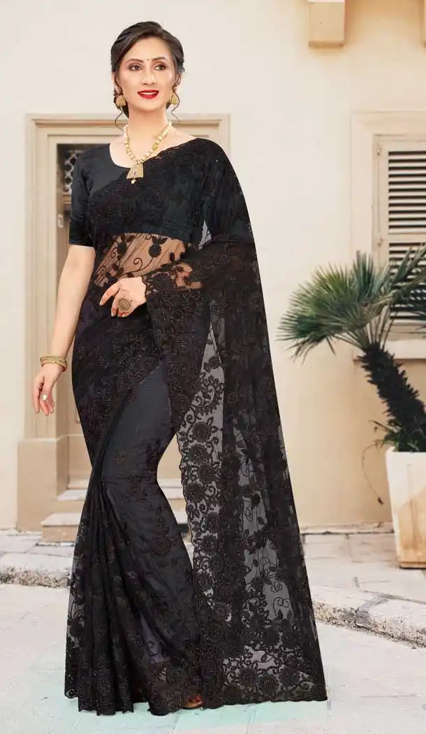 Chic Black Color Net Traditional Party Wear Women Saree Blouse -675123488