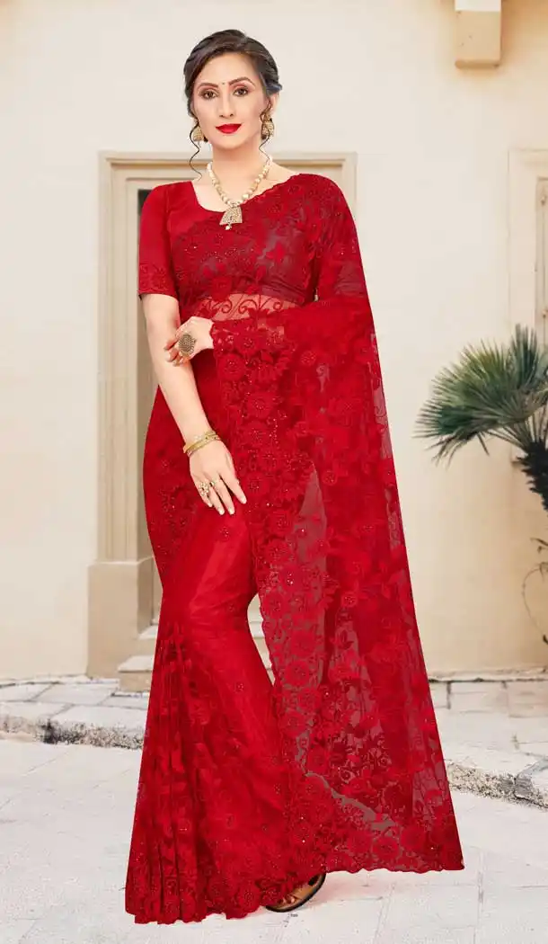 Charming Red Color Net Traditional Party Wear Women Saree Blouse -675123489