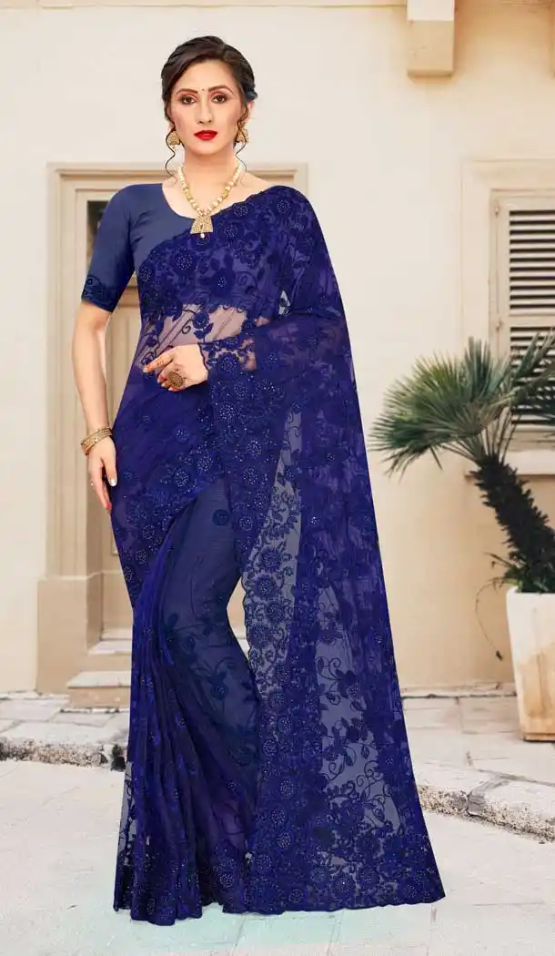 Ethnic Blue Color Net Traditional Party Wear Women Saree Blouse -675123490