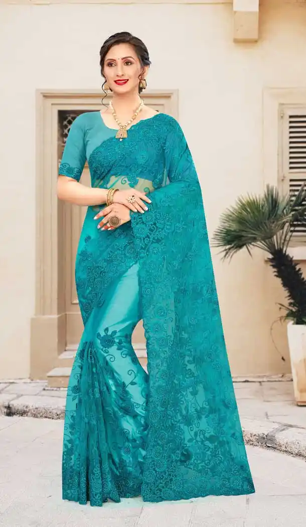 Auqa Color Net Traditional Party Wear Women Saree Blouse -675123492
