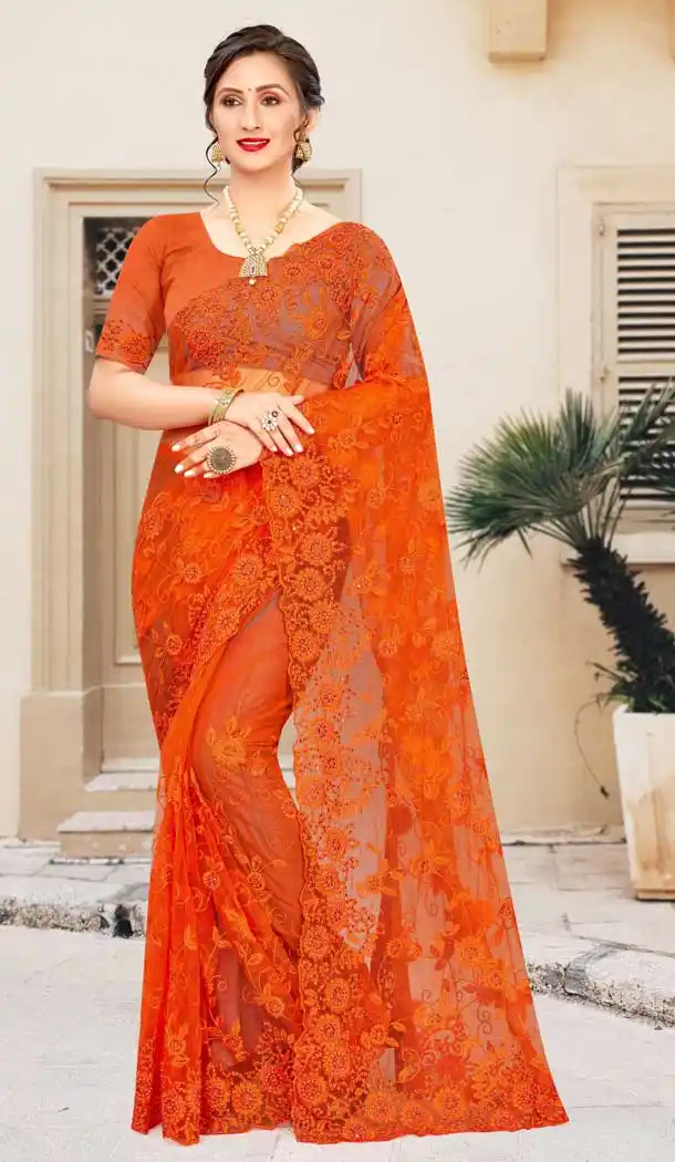 Orange Color Net Traditional Party Wear Women Saree Blouse -675123493