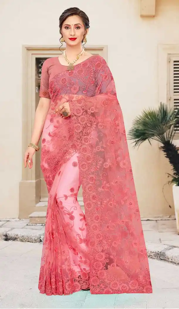 Peach Color Net Traditional Party Wear Women Saree Blouse -675123494