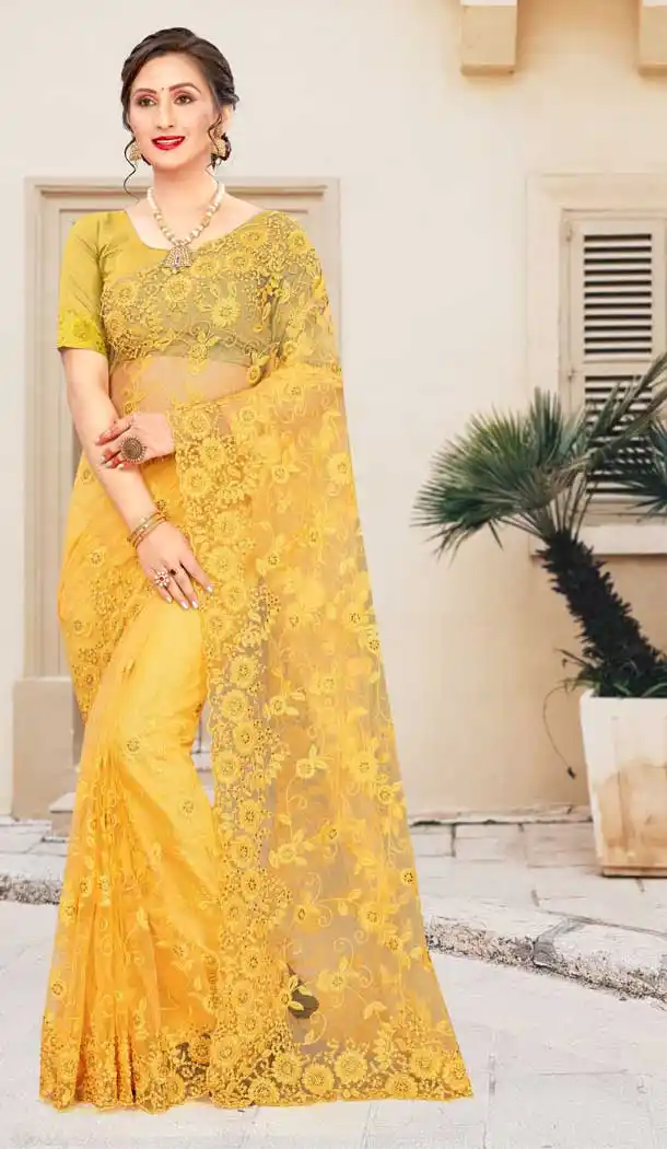 Charming Yellow Color Net Traditional Party Wear Women Saree Blouse -675123495