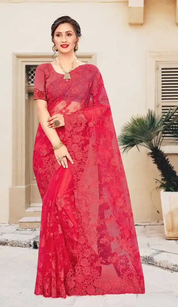 Gajari Color Net Traditional Party Wear Women Saree Blouse -675123496