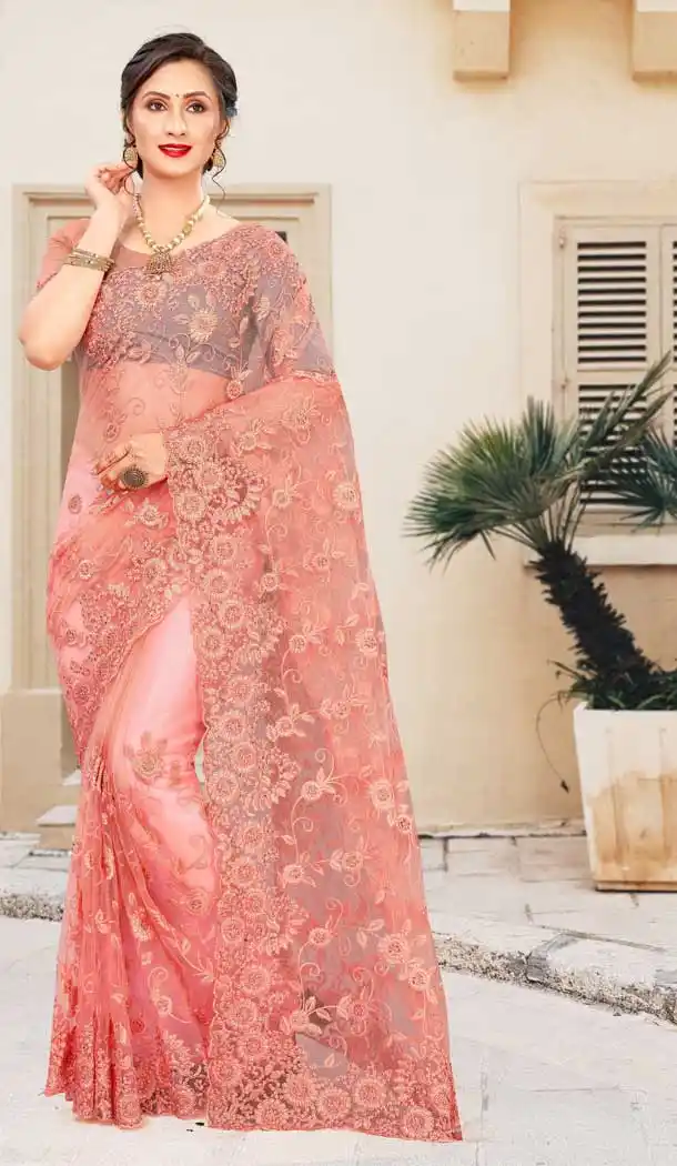 Peach Color Net Traditional Party Wear Women Saree Blouse -675123497