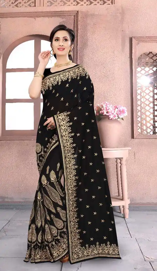 Black Color Vichitra Silk Heavy Designer Party Wear Women Saree Blouse -676123500