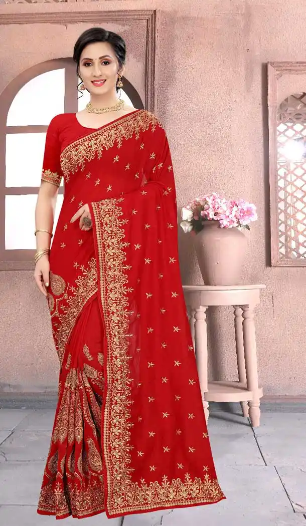 Red Color Vichitra Silk Heavy Designer Party Wear Women Saree Blouse -676123501