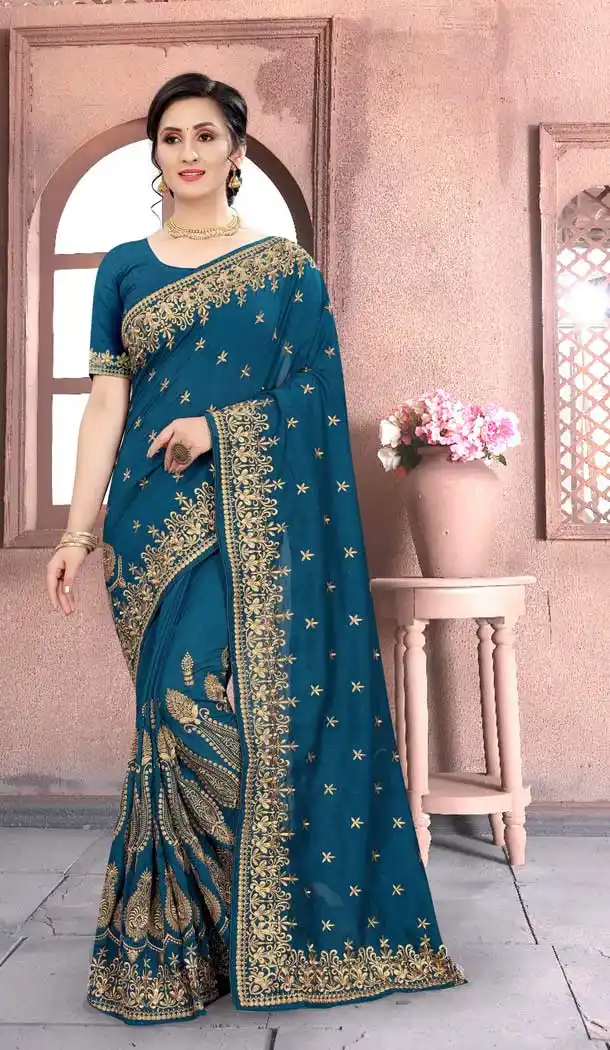 Teal Blue Color Vichitra Silk Heavy Designer Party Wear Women Saree Blouse -676123502