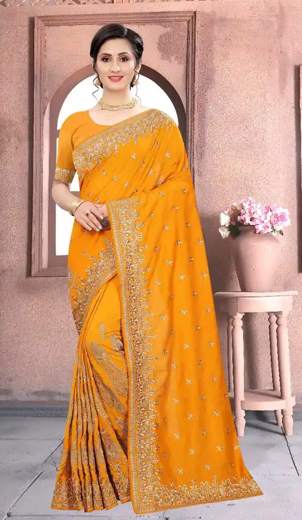 Yellow Color Vichitra Silk Heavy Designer Party Wear Women Saree Blouse -676123503