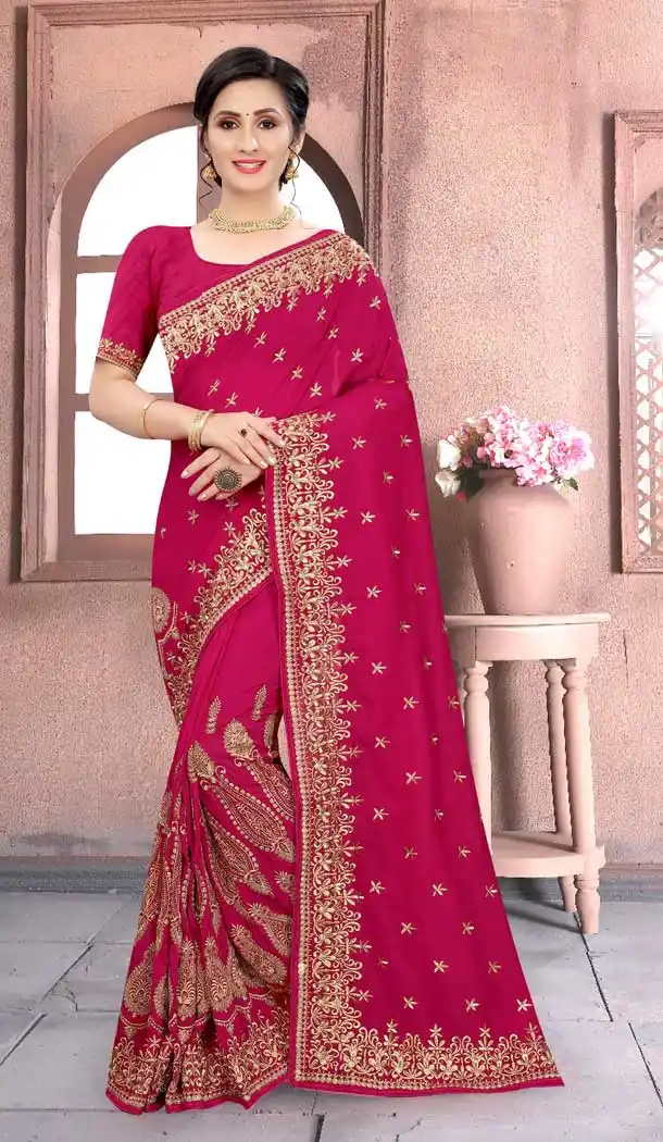 Rani Pink Color Vichitra Silk Heavy Designer Party Wear Women Saree Blouse -676123504