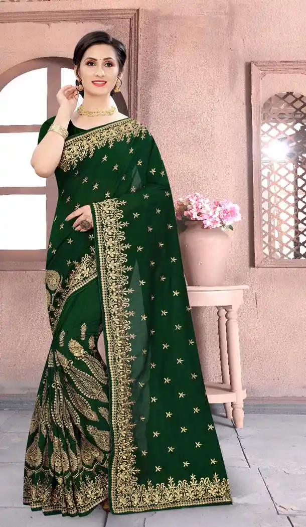 Green Color Vichitra Silk Heavy Designer Party Wear Women Saree Blouse -676123505