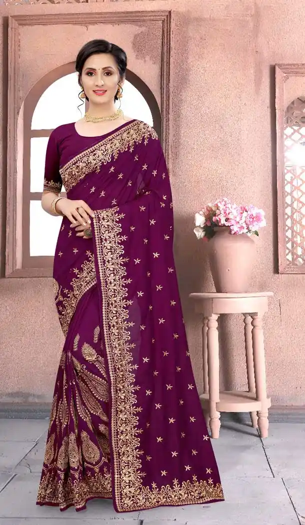 Violet Color Vichitra Silk Heavy Designer Party Wear Women Saree Blouse -676123506