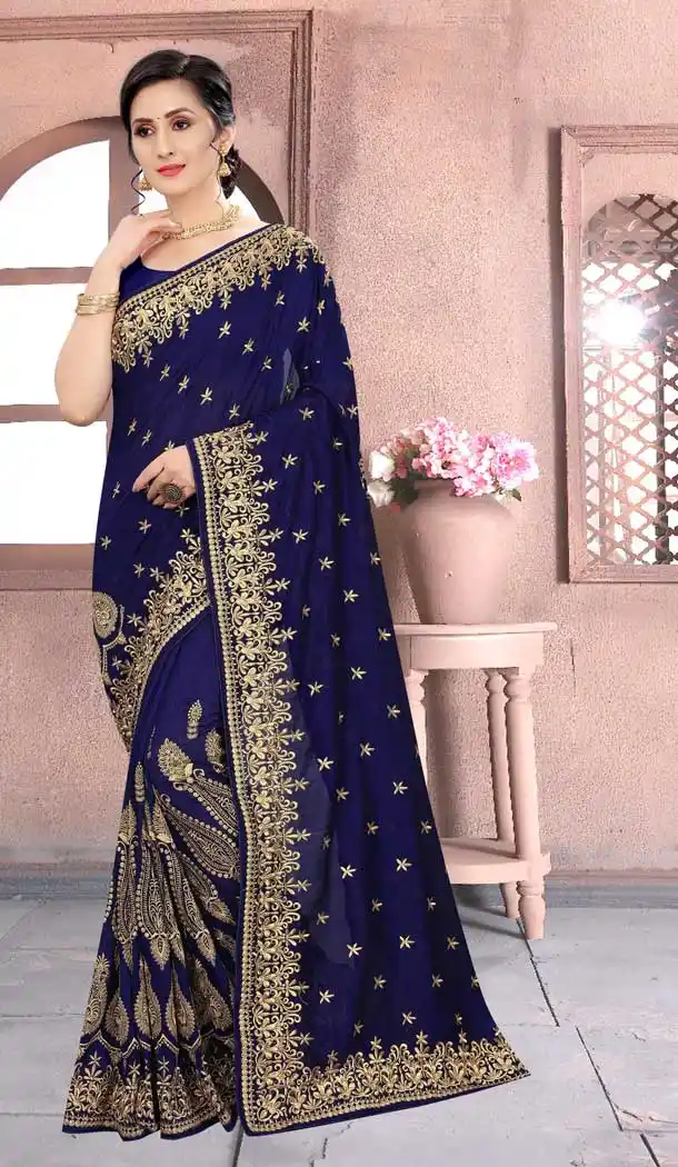 Blue Color Vichitra Silk Heavy Designer Party Wear Women Saree Blouse -676123507