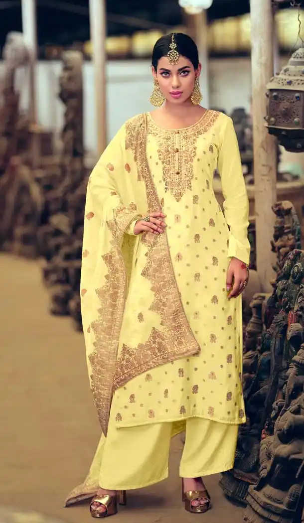 Light Yellow Color Silk Jacquard Party Wear Pakistani Style Palazzo Suit -678123514