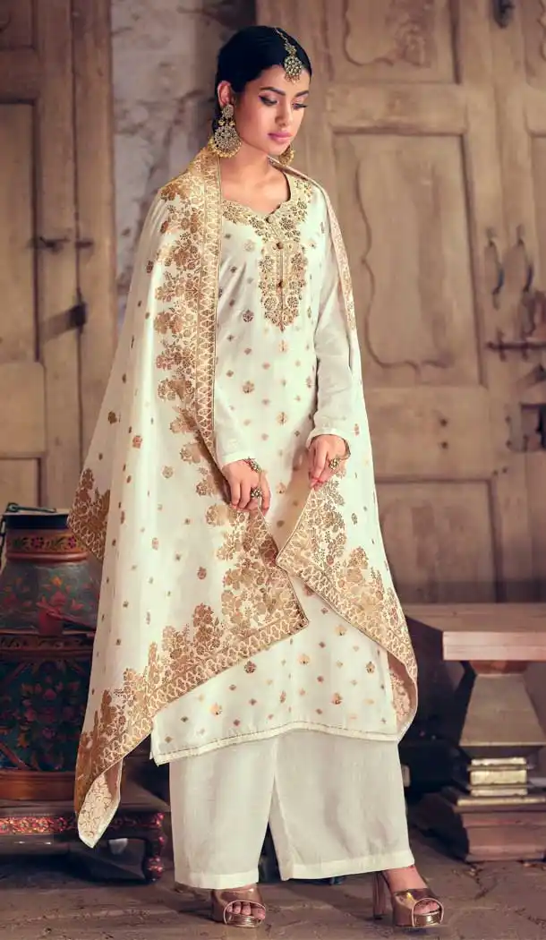 White Color Silk Jacquard Party Wear Pakistani Style Palazzo Suit -678123515