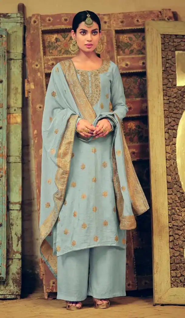 Grey Color Silk Jacquard Party Wear Pakistani Style Palazzo Suit -678123516