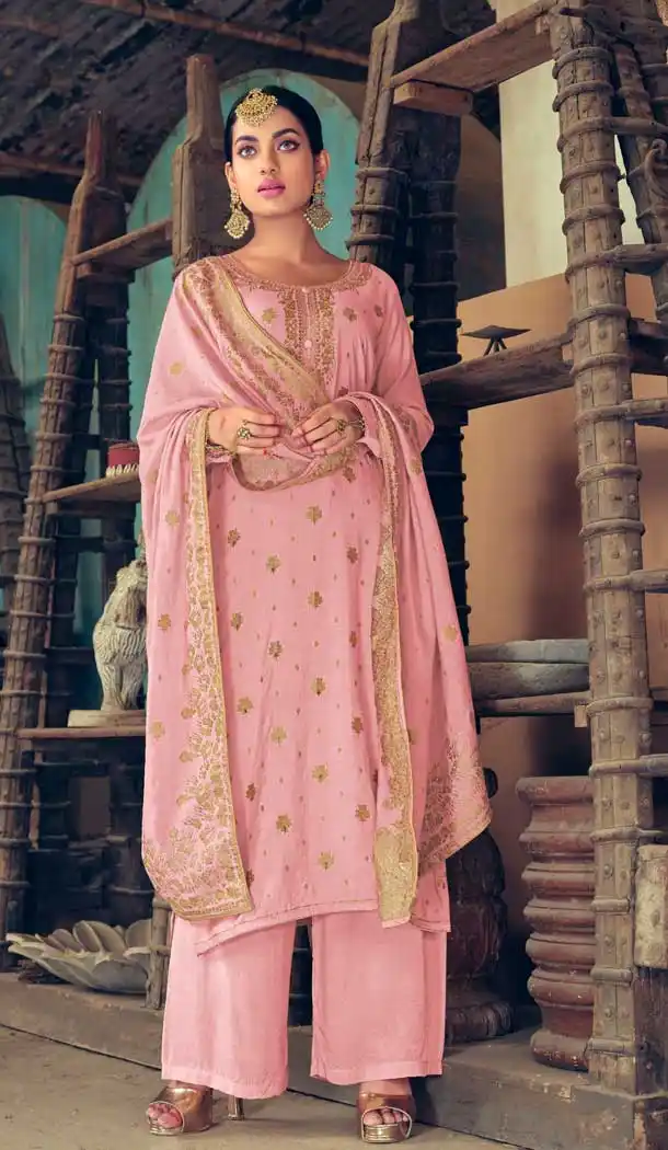 Light Pink Color Silk Jacquard Party Wear Pakistani Style Palazzo Suit -678123517