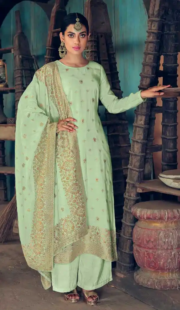 Sea Green Color Silk Jacquard Party Wear Pakistani Style Palazzo Suit -678123518