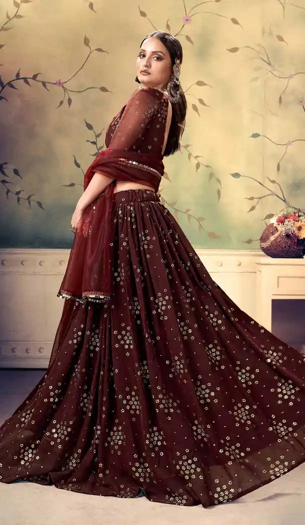 Brown Color Georgette Designer Party Wear Women Lehenga Choli -685123603