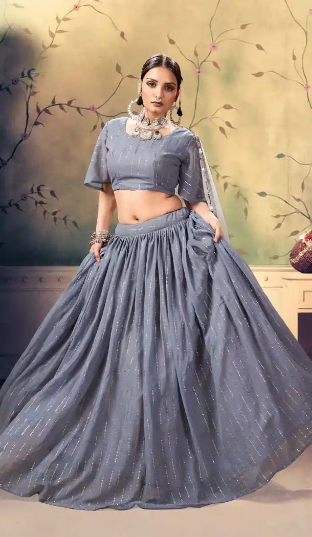 Grey Color Georgette Designer Party Wear Women Lehenga Choli -685123605