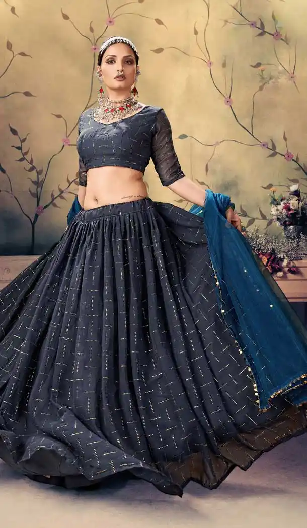Stone Blue Color Georgette Designer Party Wear Women Lehenga Choli -685123606