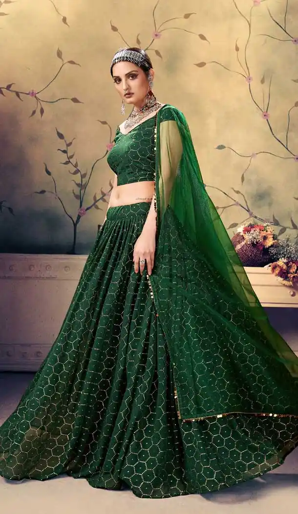 Green Color Georgette Designer Party Wear Women Lehenga Choli -685123607