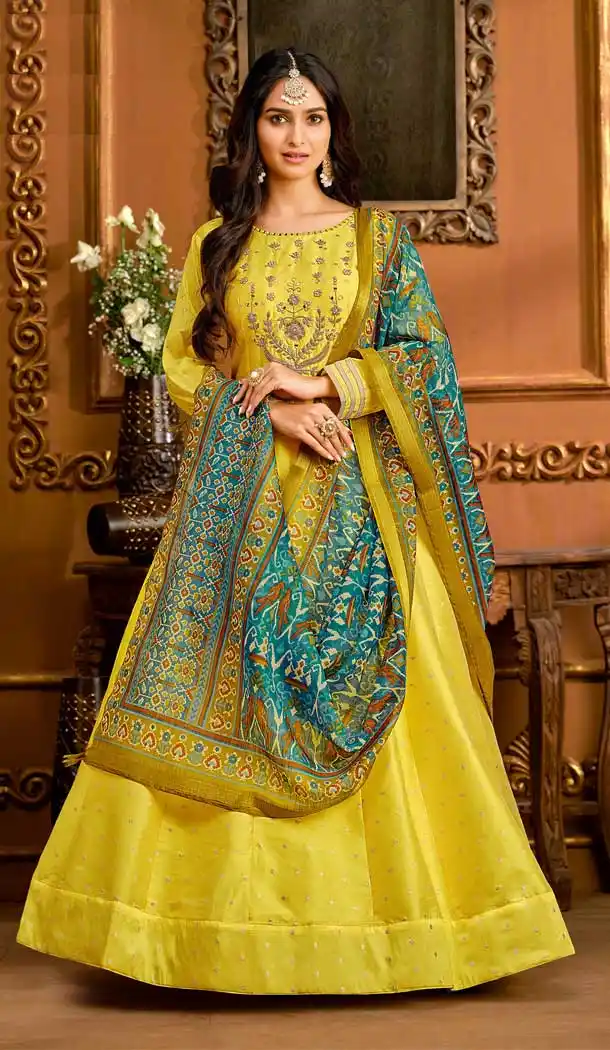 Yellow Color Tafeta Butti Designer Party Wear Indo Western Gown Suit -687123614