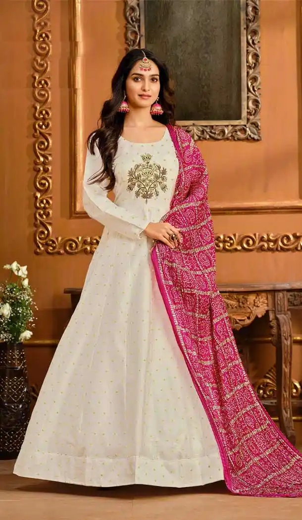 White Color Tafeta Butti Designer Party Wear Indo Western Gown Suit -687123615