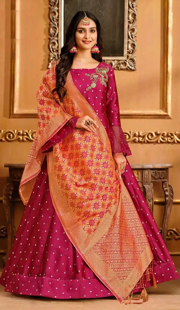 Rani Pink Color Tafeta Butti Designer Party Wear Indo Western Gown Suit -687123616
