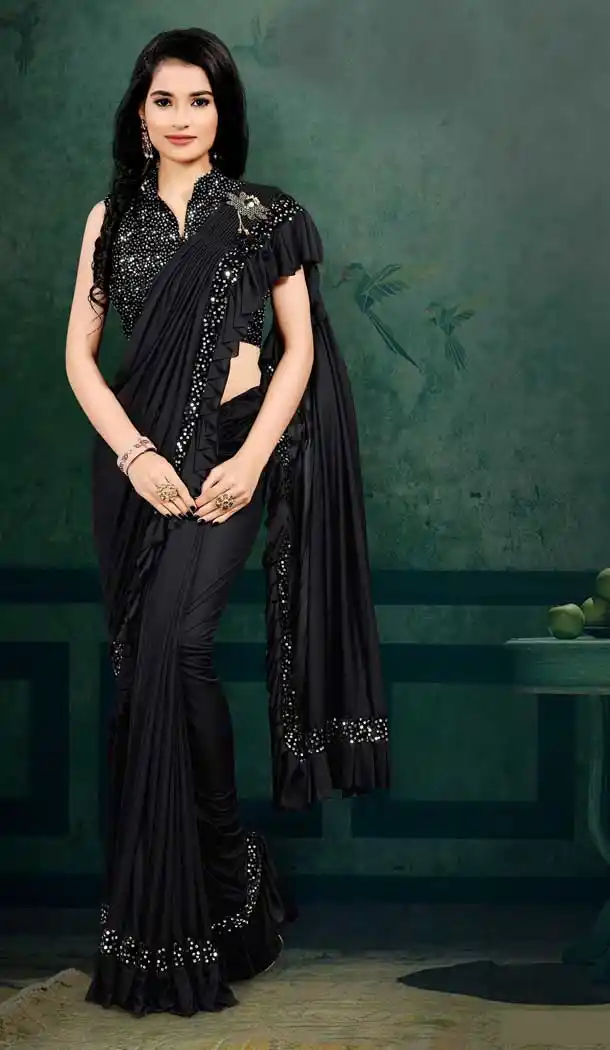 Black Color Lycra Designer Ready To Wear 1 Minute Party Wear Saree -689123621