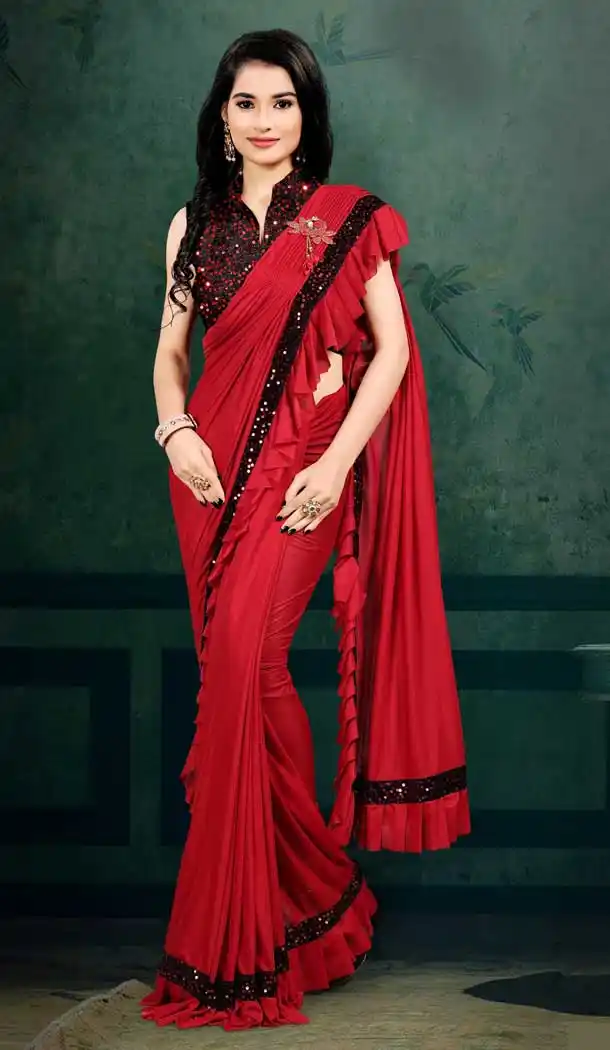 Red Color Lycra Designer Ready To Wear 1 Minute Party Wear Saree -689123622