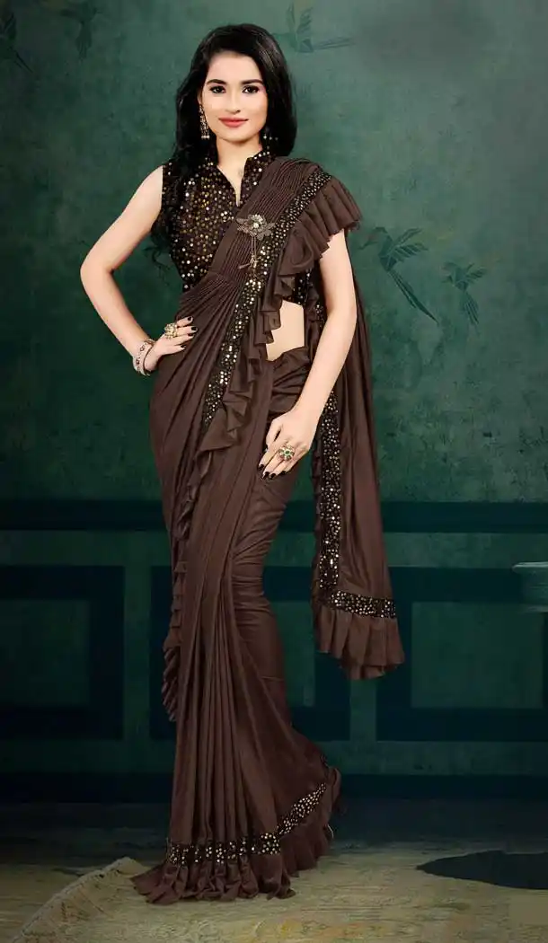 Coffee Brown Color Lycra Designer Ready To Wear 1 Minute Party Wear Saree -689123626