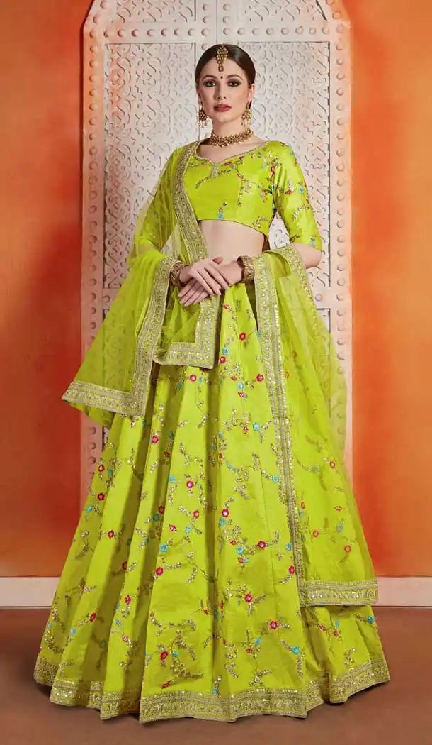 Neon Green Color Art Silk Designer Bridal Party Wear Lehenga Choli -702123773